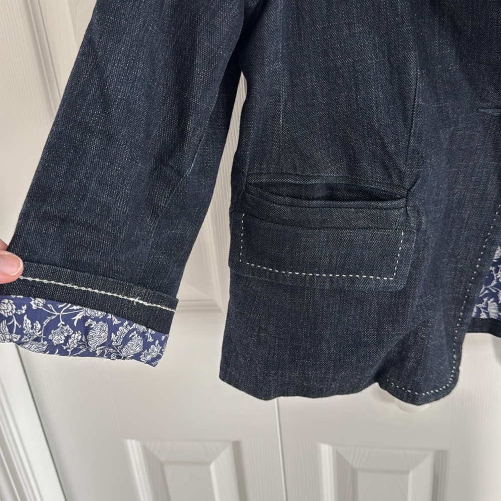 Talbots Dark Wash Denim Blazer Jacket Blue/White Stitching Floral Lining - 12 - Picture 3 of 8